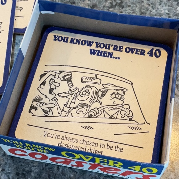 Vintage “Over Forty” box of beverage coasters from 1989. Never used. - Picture 7 of 9